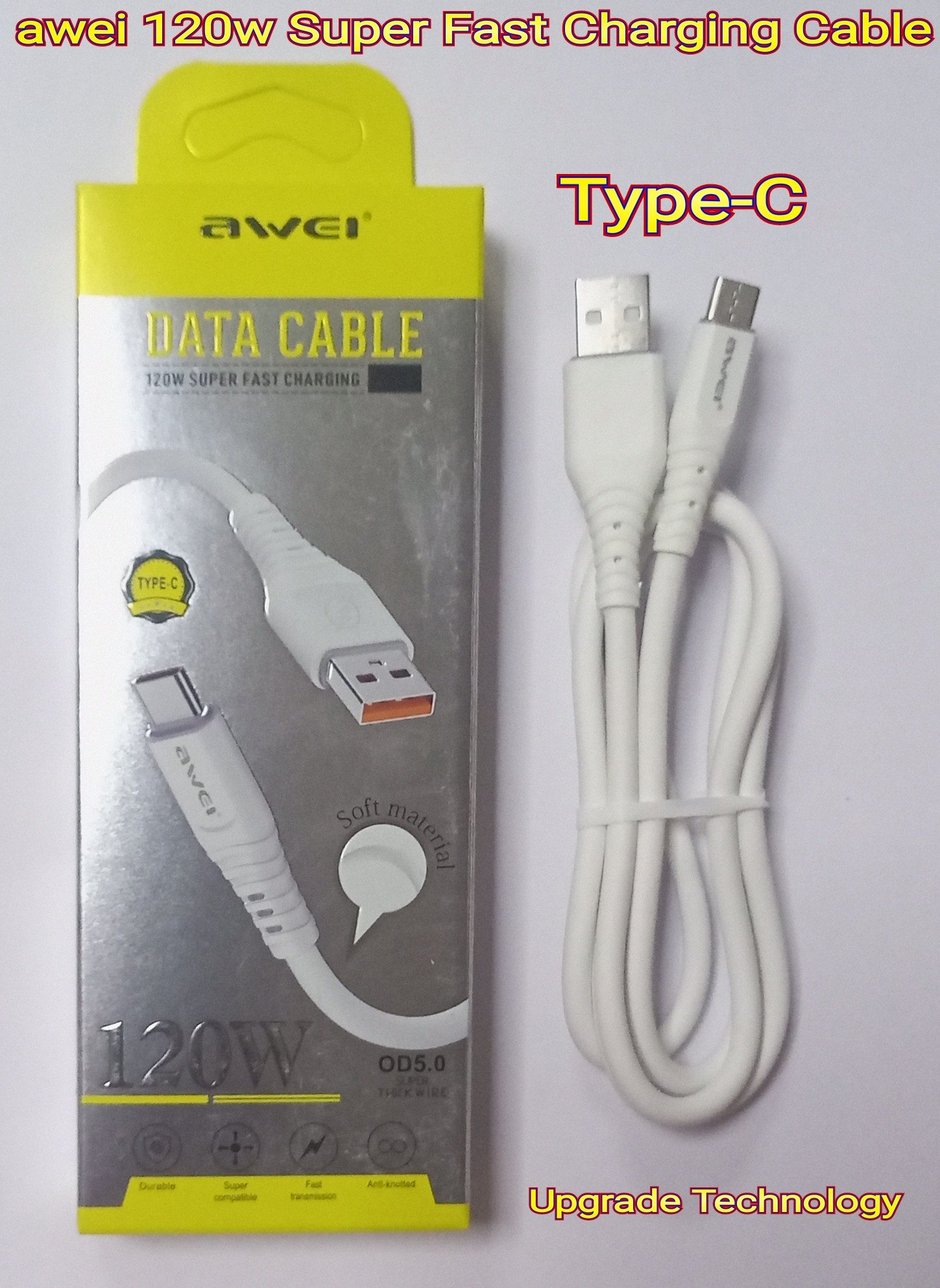 awei USB Type C 120w Max Super-Fast Charging Cable For all Smart Phone & Others Device