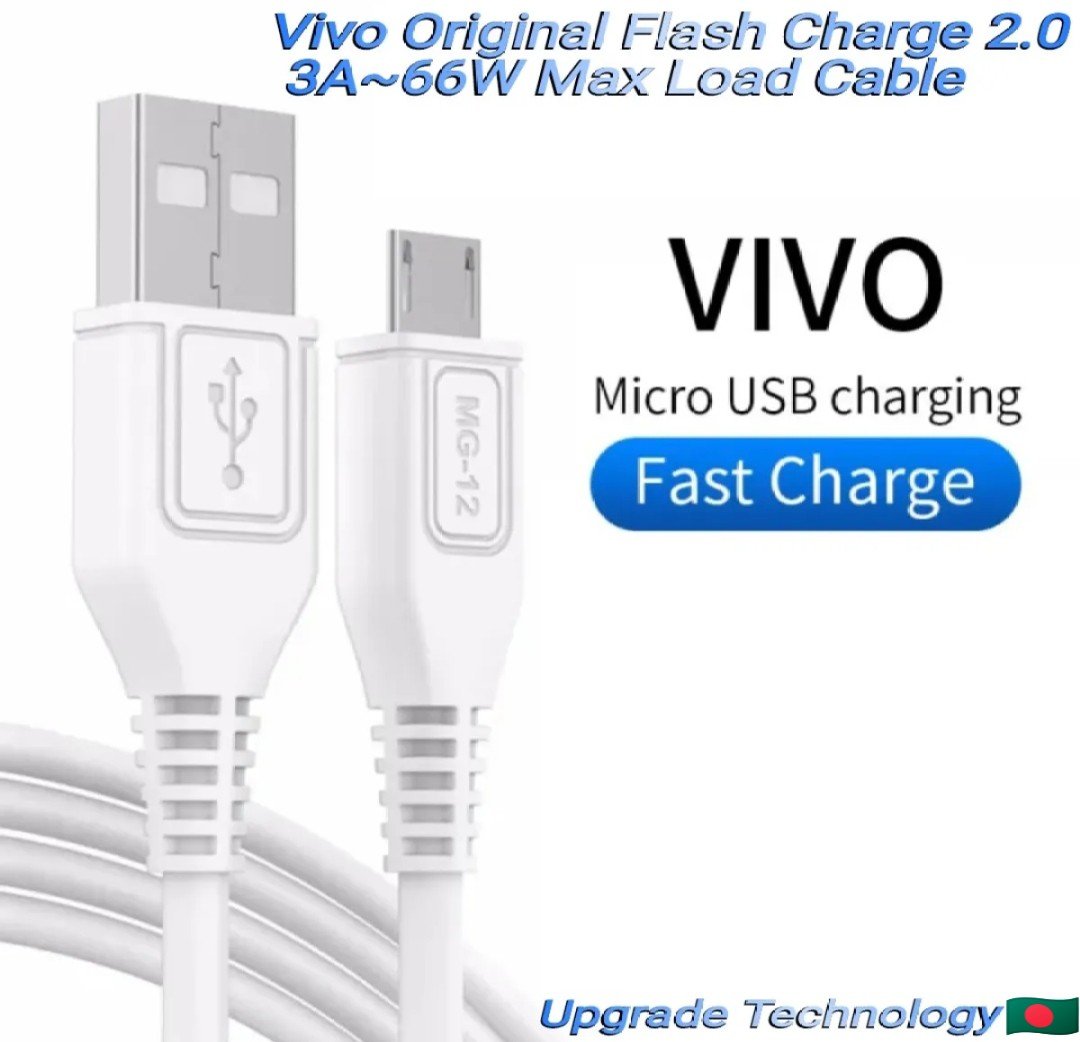 Vivo 3A-66W Max USB Type B Fast Charge Sync & Charge Cable For Vivo V11 V11i V15 Pro V5 V7 Y15 Y12 Y91 Y81 Y95 Y91i Y81i Y71 Y53 Y85 Y91C X21 S1 Y20i Y19 Y17 Y20 Y11 V15 V9 V7 Plus Micro USB 1m Cable