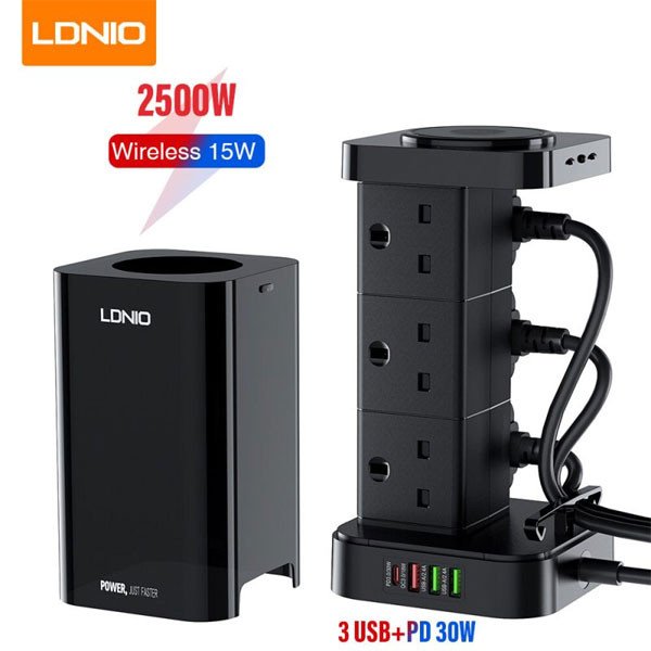 LDNIO SKW6457 6 Outlet USB Tower Extension Power Socket with 15W Wireless Charger