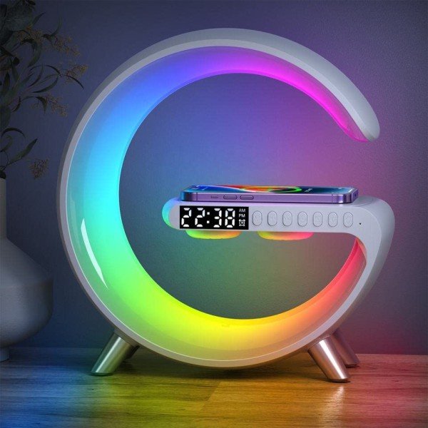 Smart Table Lamp with Wireless Charger, App Control, Sunrise Wakeup Light, RGB Lamp, Clock, Alarm, Mini Bluetooth Speaker, Dimmable Night Light Lamp Alarm Clock