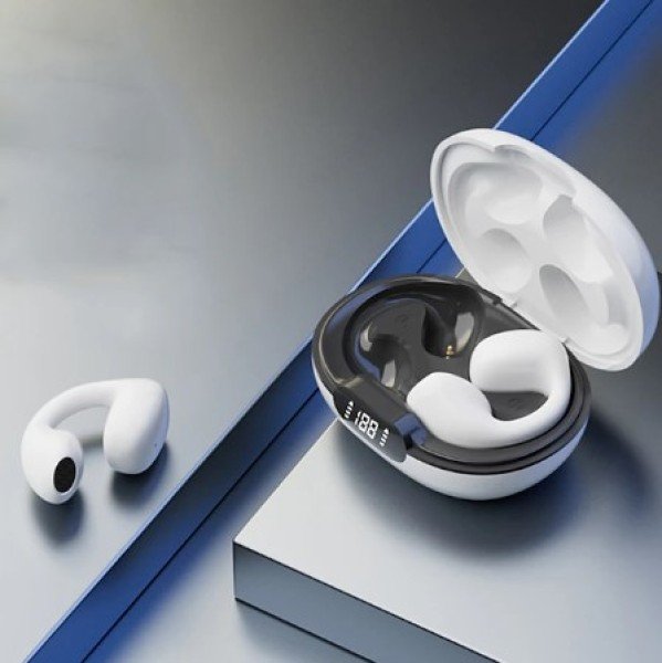 Painless Wear Ear-clip Earphones, Air Conduction, HiFi Stereo, Clip On Wireless Earphone, Touch Control Model LY22, White Color