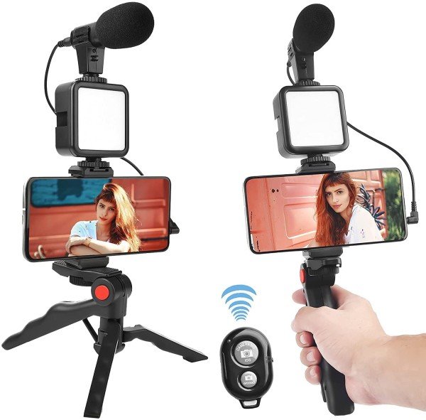 Video Making Tripod Kit For Live Broadcast 3 In 1 With Microphone, Led Light, Mini Stand & Remote Control, Vloging Kit - black