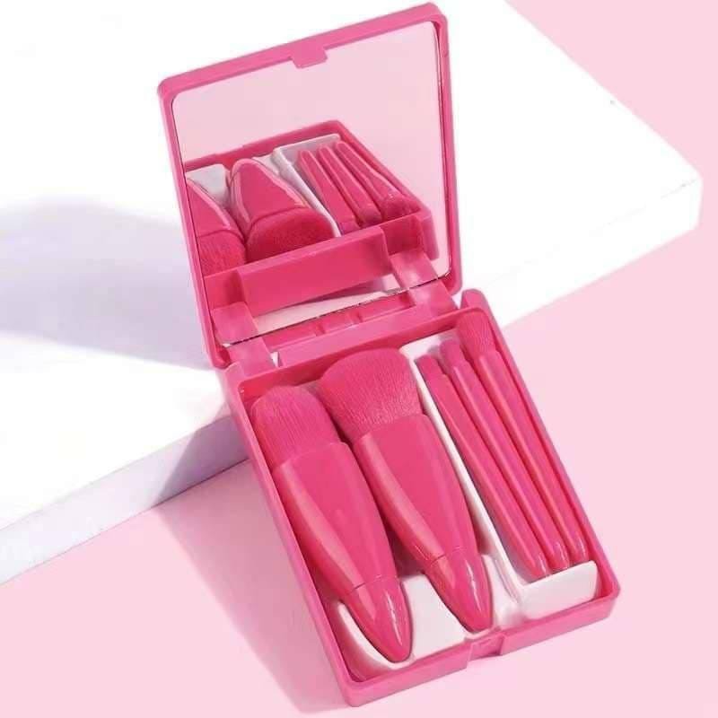 5 pieces of Makeup brush set, portable, with mirror Super soft & cute Makeup brushes with mirror case