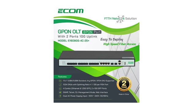 ECOM 8 Port Gpon OLT With 2 Port 10G Uplink